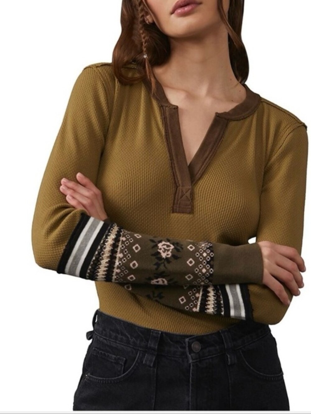 Free People Olive Green Thermal Henley with Patterned Sleeve Cuffs Size M NEW